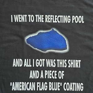 May include: A black t-shirt featuring white text that reads I WENT TO THE REFLECTING POOL AND ALL I GOT WAS THIS SHIRT AND A PIECE OF AMERICAN FLAG BLUE COATING. Centered between the text is a graphic of a blue, irregularly shaped pool of water.
