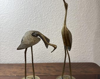 VTG Brass Crane Heron Egret Bird Avian Pair 12.5" 7.5" MCM Korea Style Base