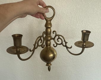 Vtg Heavy Brass Candlestick Holder Wall Sconce Two Arm Candelabra Wall Mount