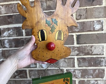 Kerstrendier Rudolph plaquette Handgemaakt en geschilderd VNTG Merry Sign Holiday