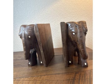 Antieke jaren 20 handgemaakte handgesneden houten olifant boekensteunen Vintage dieren Retro