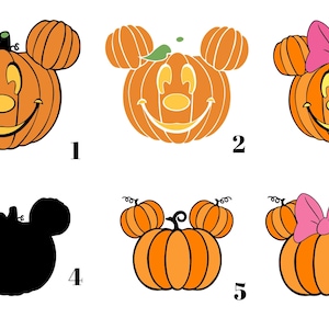 May include: A collection of six Halloween-themed pumpkin illustrations. The pumpkins are orange with black smiles and are designed to resemble Mickey and Minnie Mouse. Some have green stems or pink bows.