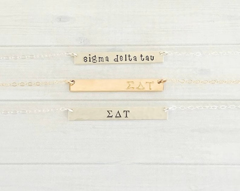 SIGMA DELTA TAU Necklace Sigma Delta Tau Jewelry Sorority Bar Necklace Sorority Jewelry Sorority Necklace Big Little Gift image 1