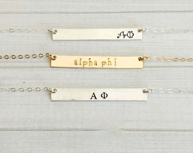 ALPHA PHI Necklace - Alpha Phi Jewelry - Sorority Bar Necklace - Sorority Jewelry - Sorority Necklace - Big Sis Little Sis Gift