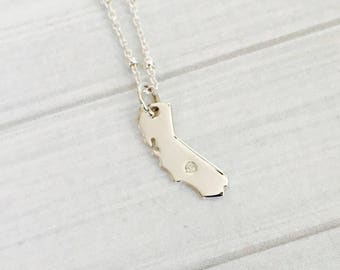 California Necklace - California Diamond Necklace - Sterling Silver Diamond Necklace - State Jewelry - California Jewelry