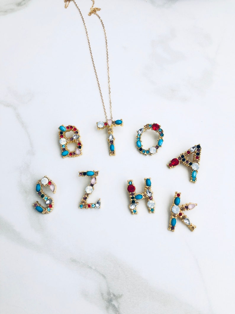 Gemstone Initial Necklace Letter Necklace Jeweled Initial Etsy
