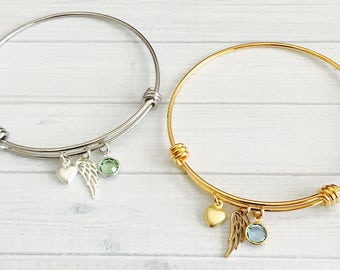 Pulsera conmemorativa - Pulsera con alas de ángel - Joyería con alas de ángel - Joyería conmemorativa - Pulsera del recuerdo - Regalo de condolencia - Joyería con piedra de nacimiento