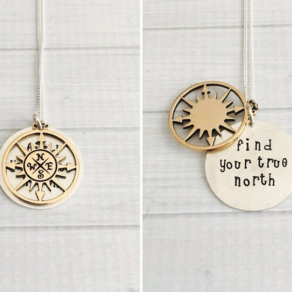 2024 Graduation Necklace, Find Your True North Necklace, Inspirational Gift, 2-Tone Hidden Message Necklace, Class of 2024, Compass Necklace