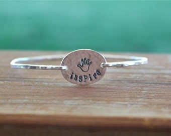 Inspire Bangle Bracelet - Teacher Gift, Motivational Jewelry, Inspirational Jewelry, Sterling Silver Bangle, Teacher Appreciation Gift