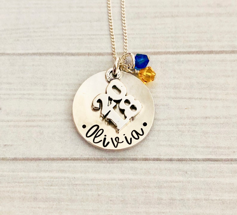 May include: A silver-colored necklace with a round pendant. The pendant features the name "Olivia" in cursive, a "2023" charm, and blue and yellow crystal accents. The necklace hangs on a delicate chain.