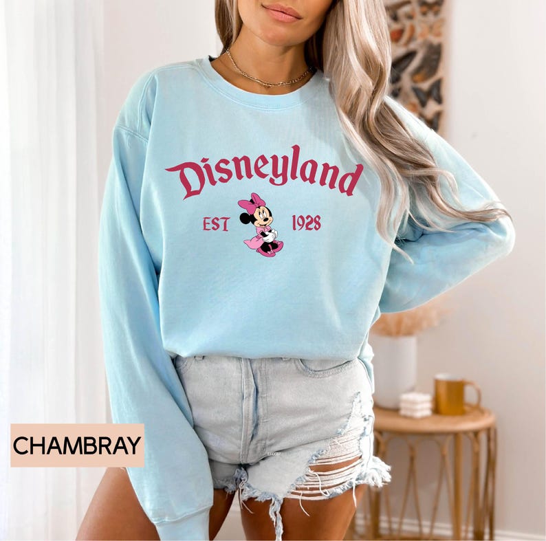May include: Light blue Disneyland sweatshirt with the Disneyland logo in pink script, the text "EST 1928", and a Minnie Mouse graphic. The sweatshirt is a long-sleeved crew neck style.