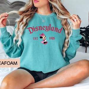 May include: Seafoam green sweatshirt with the word "Disneyland" in red script, the year "EST 1928", and a Minnie Mouse graphic. The sweatshirt is a crew neck style.