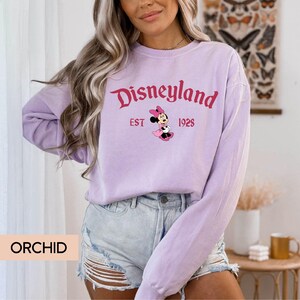 May include: A light purple sweatshirt with the word "Disneyland" in a cursive font, along with "EST 1928" and a Minnie Mouse graphic. The word "ORCHID" is printed on a light brown rectangle.