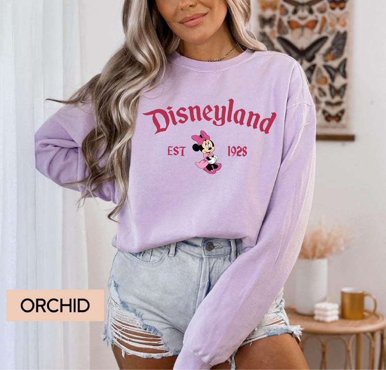 May include: A light purple sweatshirt with the word "Disneyland" in a cursive font, along with "EST 1928" and a Minnie Mouse graphic. The word "ORCHID" is printed on a light brown rectangle.