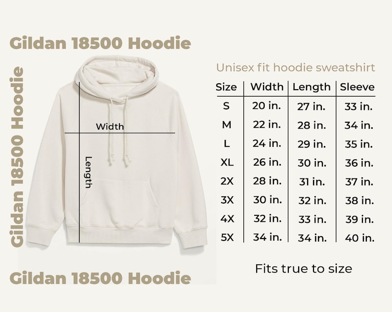 May include: Cream-colored Gildan 18500 hoodie sweatshirt with a size chart. The chart shows measurements for width, length, and sleeve length in inches, ranging from size small to 5X. The text "Fits true to size" is also included.
