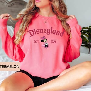 May include: A watermelon-colored sweatshirt featuring the Disneyland logo with Minnie Mouse. The design includes the text "Disneyland EST 1928". The sweatshirt has long sleeves and a crew neck.