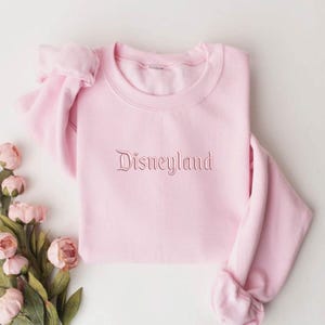 May include: A pink sweatshirt with the word "Disneyland" embroidered in a cursive font on the front.