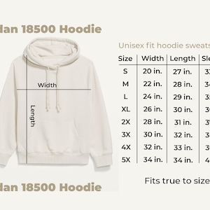 May include: A white Gildan 18500 hoodie with a size chart showing measurements in inches for sizes S through 5X. The chart includes width, length, and sleeve measurements.