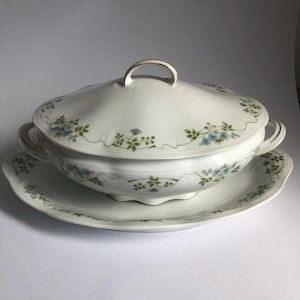 Antique Porcelain Tureen Mignon Z.S. & C. Bavaria 1920 • Forget-me-nots Floral Vegetable Dish • Art Nouveau Covered Bowl