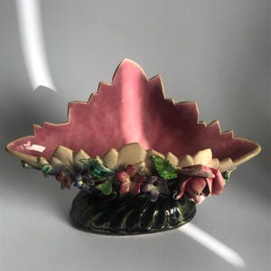 Art Deco Barbotine Majolica Vase | Large French Centerpiece Jardinière Table Vase with Applied Roses and Crackle Glaze ~1910s