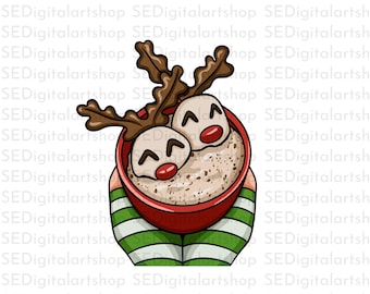 Christmas Reindeer Hot Cocoa Clipart for Sublimation & DTF Printing - Cozy Holiday Digital Art