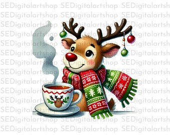 Cozy Reindeer with Hot Cocoa Sublimation Design - Christmas DTF Print