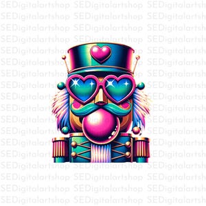 May include: A colorful nutcracker with a pink heart on its hat, blue heart-shaped sunglasses, a green mustache, and a pink bubble gum. The nutcracker is wearing a green and gold uniform with a gold trim.