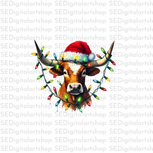 Christmas Cow with Lights Digital Art | Santa Hat Sublimation & DTF Design | Festive Holiday Clipart