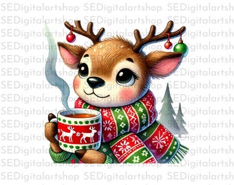 Christmas Reindeer Hot Cocoa Digital Art Sublimation Graphic