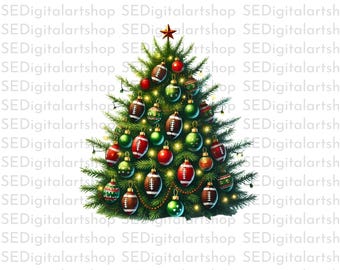 Árbol de Navidad con adornos de fútbol Arte digital / Sublimación y DTF listo para imprimir / Diseño deportivo festivo para artesanos