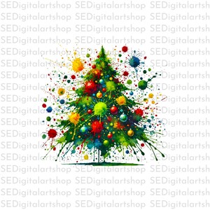 Puede incluir: Una pintura de acuarela de un árbol de Navidad con adornos coloridos y salpicaduras de pintura. El árbol es verde y los adornos son rojos, amarillos, azules y verdes.