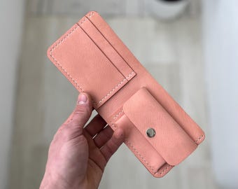 Pink Full Grain Leather Bifold Wallet | Slim Womens Coin Pocket Wallet | Front Pocket Cash Wallet