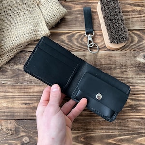 Cartera de cuero negra hecha a mano / Cartera plegable / Regalo para él