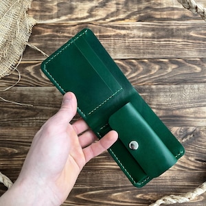 Cartera de piel verde / Cartera de piel hecha a mano / Cartera plegable / Regalo para él