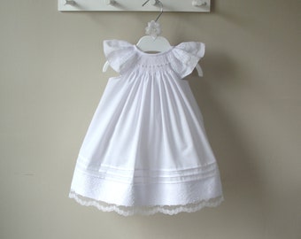 Smocked Baby Dress, smocked christening dress, blessing dress, baptism dress,  flower girl dress, lace dress, white or ivory; coming home