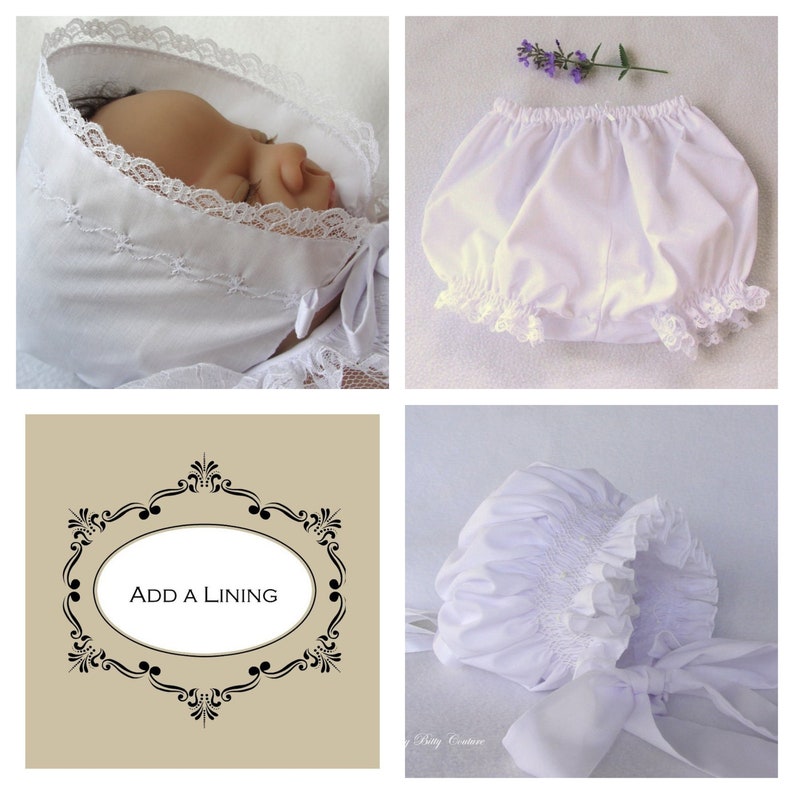May include: White baby bonnet with lace trim and a white smocked baby bonnet with a white satin ribbon. The text "ADD A LINING" is in a decorative frame.