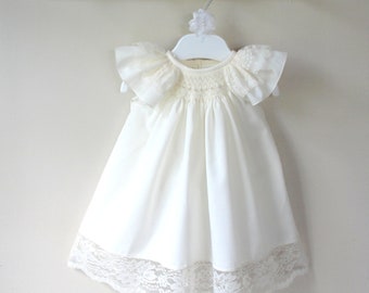 Smocked Baby Dress, smocked christening dress, blessing dress, baptism dress,  flower girl dress, lace dress, white or ivory; coming home