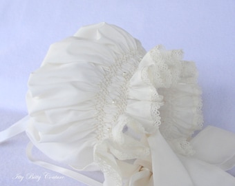 Smocked Baby Bonnet, Ivory or White  Smocked Bonnet, Christening Bonnet, lace and pearls