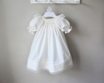 Smocked Baby Dress, smocked christening dress, blessing dress, baptism dress,  flower girl dress, lace dress, white or ivory; coming home