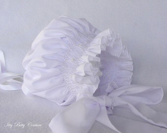 Smocked Baby Bonnet, White or Ivory, Christening Bonnet, baby shower gift, baptismal hat, baptismal bonnet