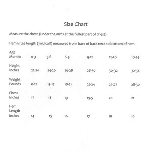 May include: Size chart for baby clothes, showing measurements in inches for age in months, height, weight, chest, and hem length.