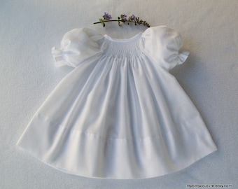 Smocked Baby Dress, White Christening Gown, Puff Sleeve Blessing Outfit
