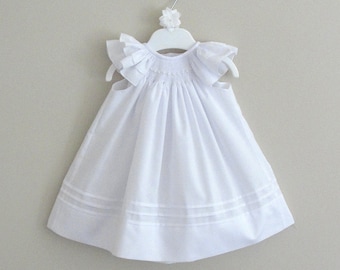 Smocked Baby Dress, smocked christening dress, flower girl dress, Angel sleeve baptismal dress in white or ivory sizes 0-24 months