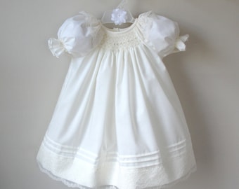 Smocked Baby Dress, smocked christening dress, blessing dress, baptism dress,  flower girl dress, lace dress, white or ivory; coming home