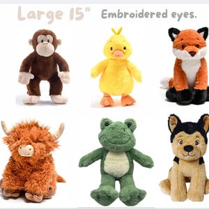 May include: A collection of six plush stuffed animals including a brown monkey, a yellow duck, an orange and white fox, a shaggy brown highland cow, a green frog, and a black and tan dog. Each 15-inch toy features embroidered eyes.