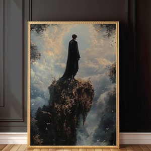 May include: A silhouette of a person in a long black cloak standing on a cliff overlooking a cloudy landscape. The person is looking out at the horizon, and the clouds are swirling around them.