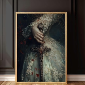 Victorian Art Sword Print moody Painting, Woman with Sword Print, victorian decor wall art, dark moody antique art Print, lace, sword