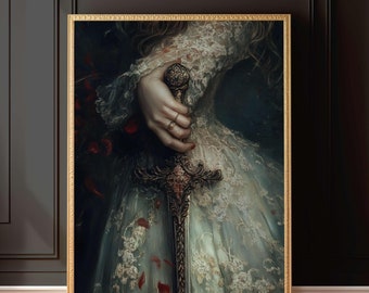 Victorian Art Sword Print moody Painting, Woman with Sword Print, victorian decor wall art, dark moody antique art Print, lace, sword