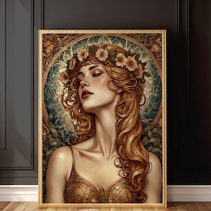 Könnte beinhalten: Ein Gemälde einer Frau mit langen, fließenden, goldenen Haaren, die eine Blumenkrone trägt. Der Hintergrund ist dunkelgrün und blau mit komplizierten Mustern.