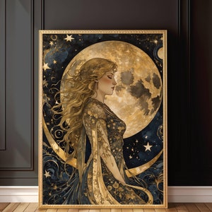 May include: A framed illustration of a woman with long blonde hair standing in front of a large, golden moon. The background is a dark blue with stars and swirls.